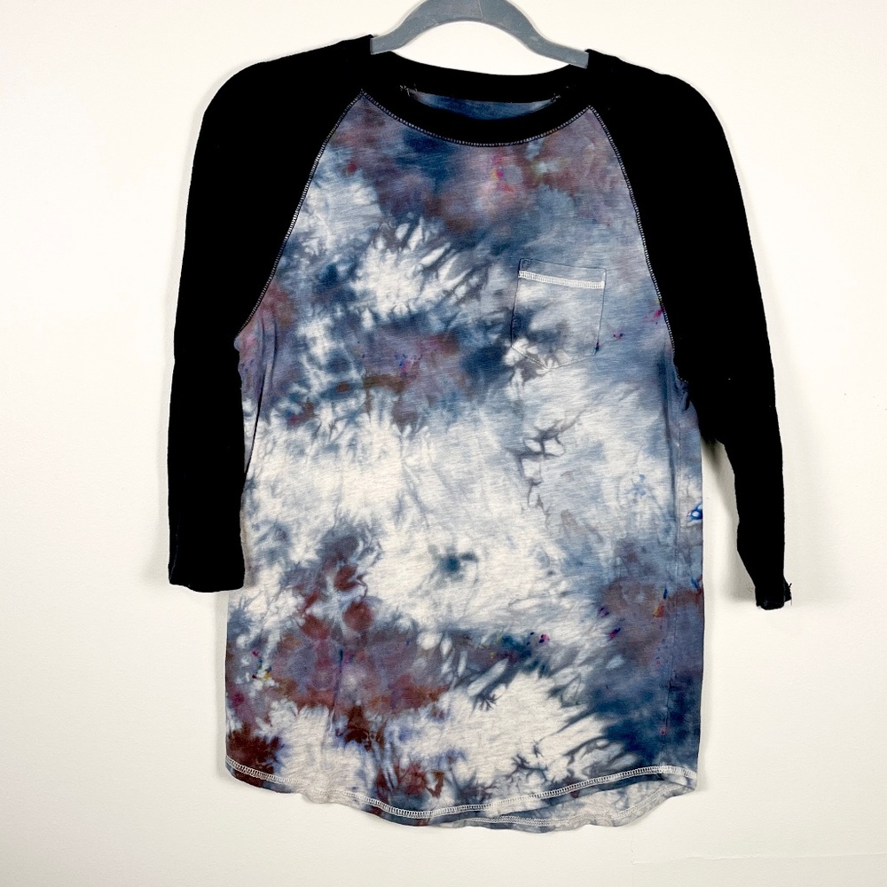 Ice dyed tie dyed upcycled gray and navy cotton Baseball T Shirt Mossimo Brand